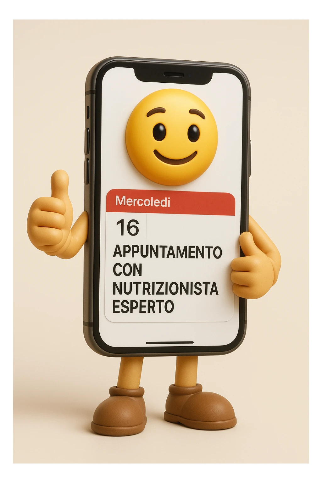 emoji stile iphone 3d di uno smartphone A FIGURA INTERA con appuntamento segnato sul calendario che dice: "APPUNTAMENTO CON NUTRIZIONISTA ESPERTO", IPERREALISTICO 4K sticker