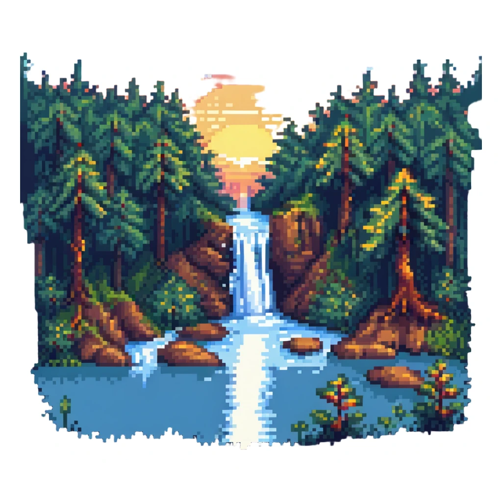 sunrise with a waterfall and forest, pixel art style sticker