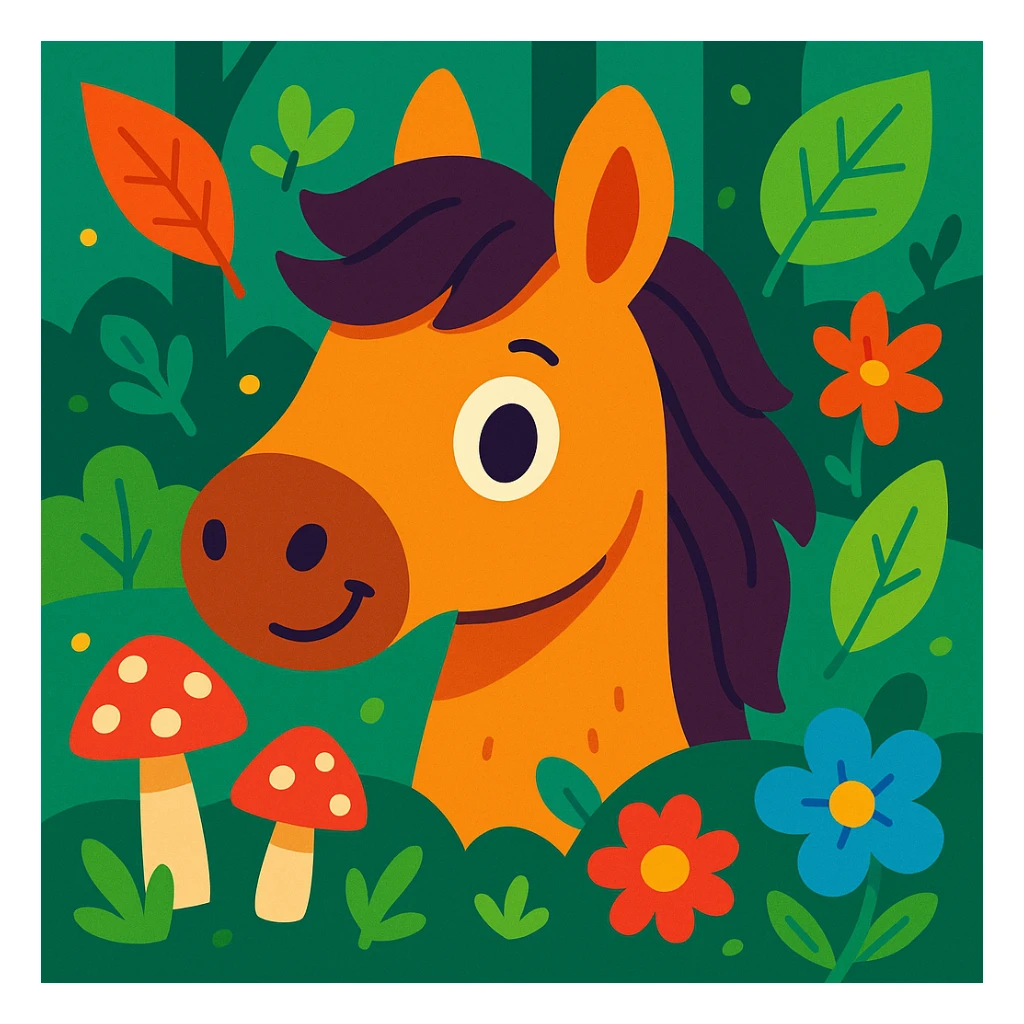 cute forest horse head, bright colors, playful expression, surrounded by forest elements sticker