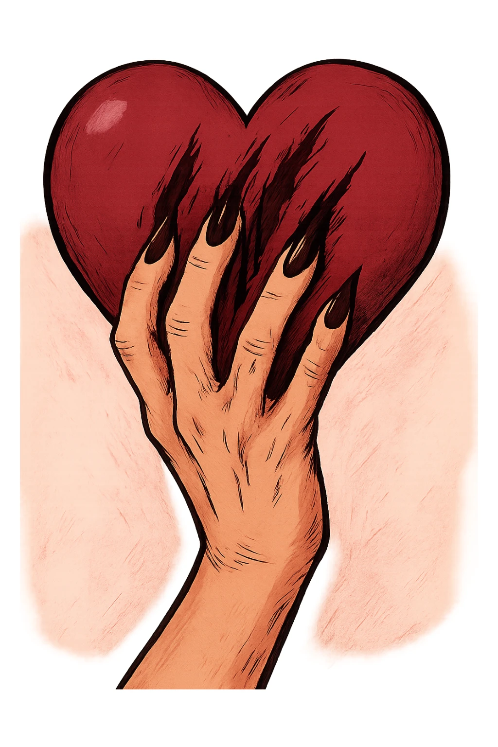 женская рука с маникюром вгоняет когти в винного цвета сердце и сильно раздирает царапает его (пальцы полусогнуты ногти вогнаны в царапины) рисованный стиль sticker