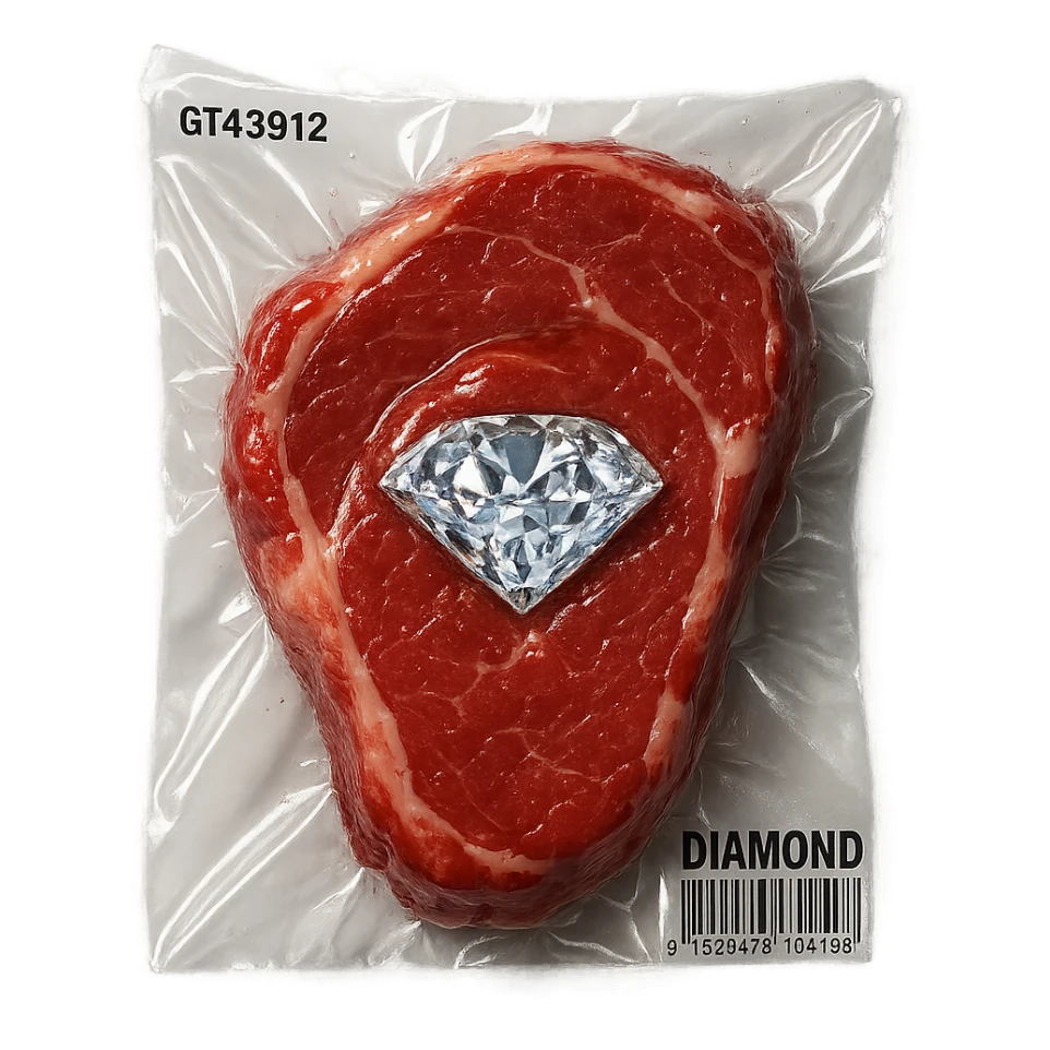 meat steak with sparkling diamond facets, glossy and puffy, no background sticker