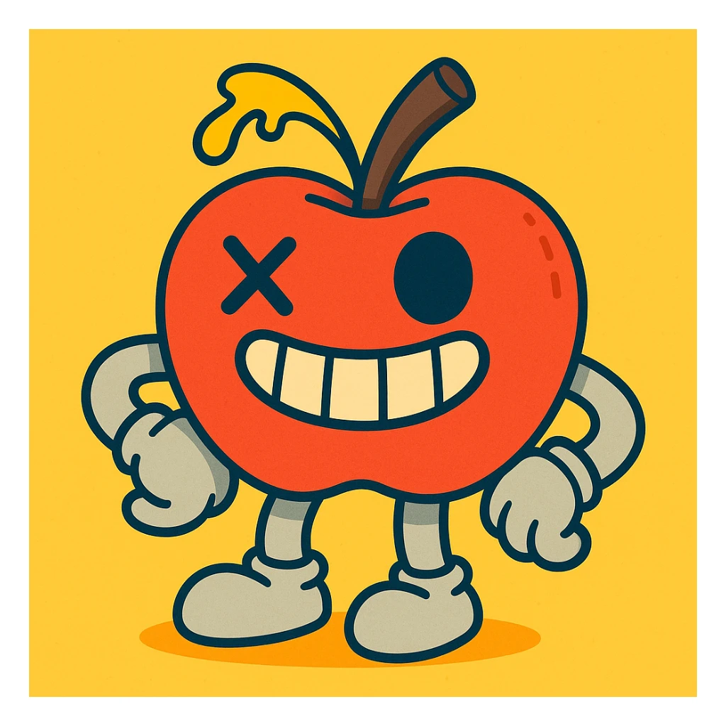 vibrant-toon style character: apple plush with light grey limbs, left eye has an X, ichor coming out of stem without leaf, wide grin sticker