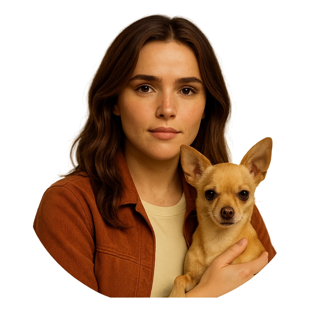 Centered portrait for Instagram profile picture inspired by the facial features visible in the reference images. Tanned complexion with subtle freckles, wearing a shirt colored #FFF8CA and a rust-colored jacket. Medium-length brown hair with auburn highlights. Expression is proud and protective. Holding a beige-brown chihuahua. Style inspired by a Netflix series, intimate Tenerife ambiance, transparent background. sticker