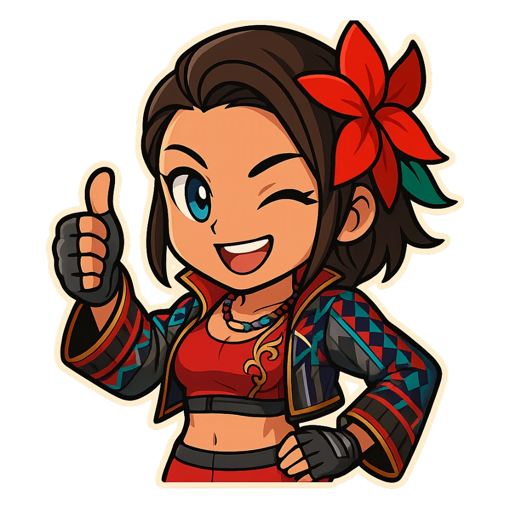 Azucena from Tekken 8 in chibi sticker style, giving a thumbs up with a wink, wearing the detailed red and patterned outfit from the reference images, designed for Twitch emote use. sticker