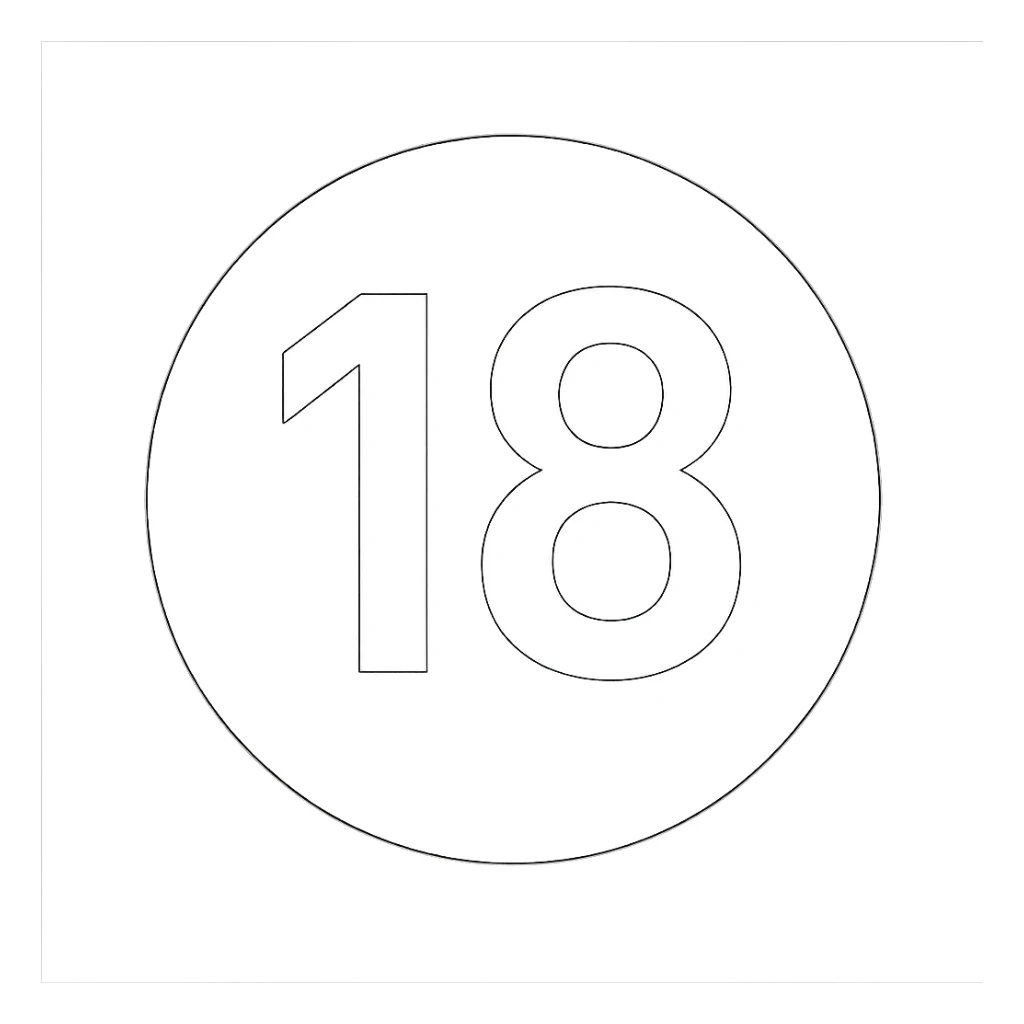 Remove the semi truck wheels from the image, leaving only a black circle with a bold white number 18 in the center. Keep the background transparent. The number 18 should be bold and clearly visible inside the black circle. sticker