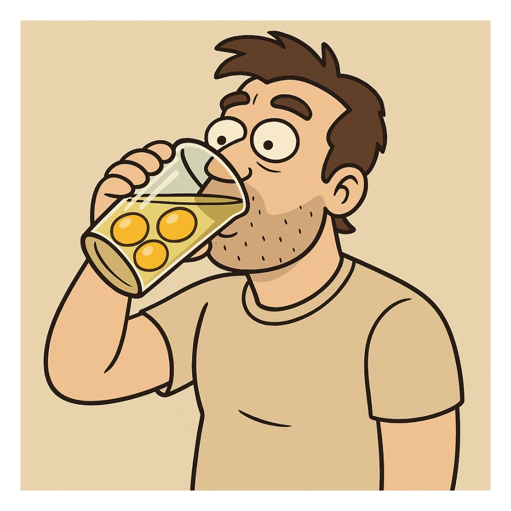 a man drinking a pint of raw eggs, cartoon style sticker