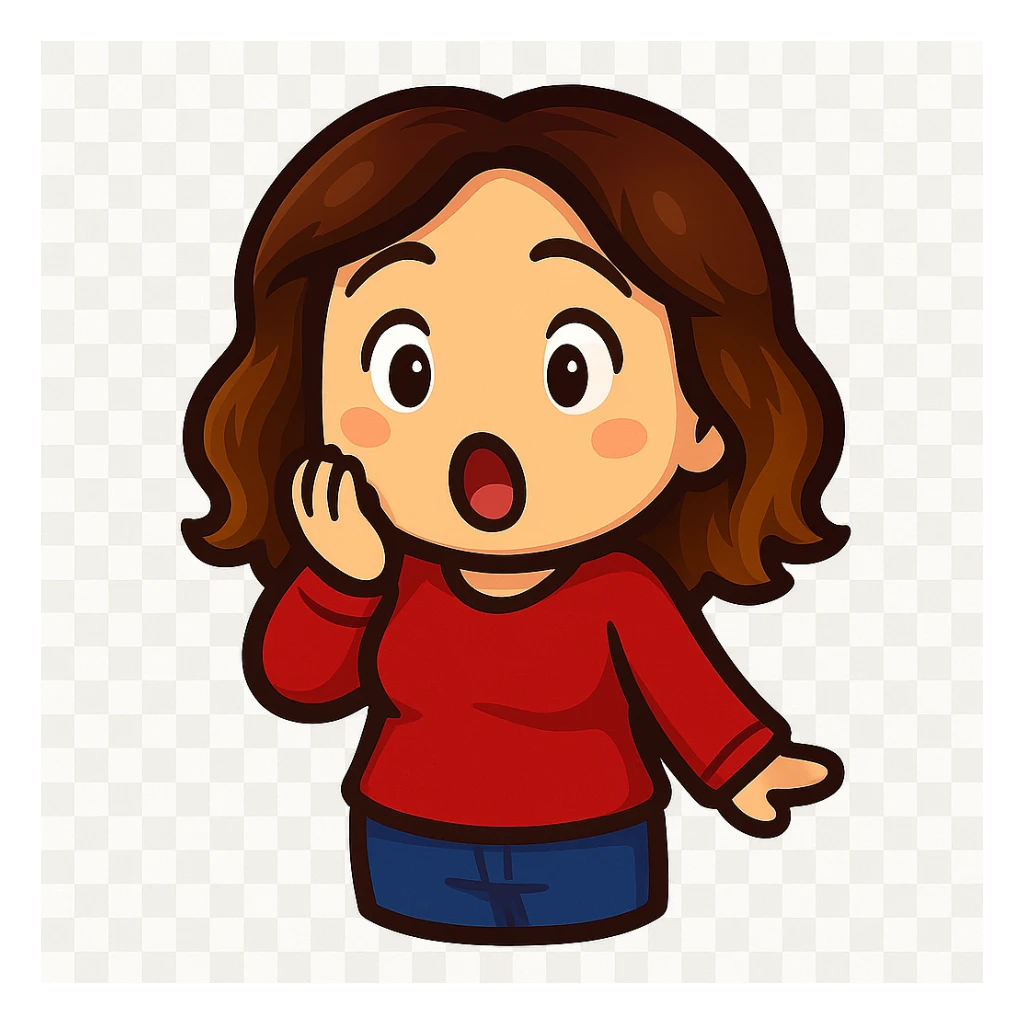 Sticker style chibi emote, matching the attached green heart emote as a base. Woman from reference, red blouse and blue jeans, surprised/shocked, cute surprised face, no headband, no wand, transparent background. Top color should not match jeans. sticker