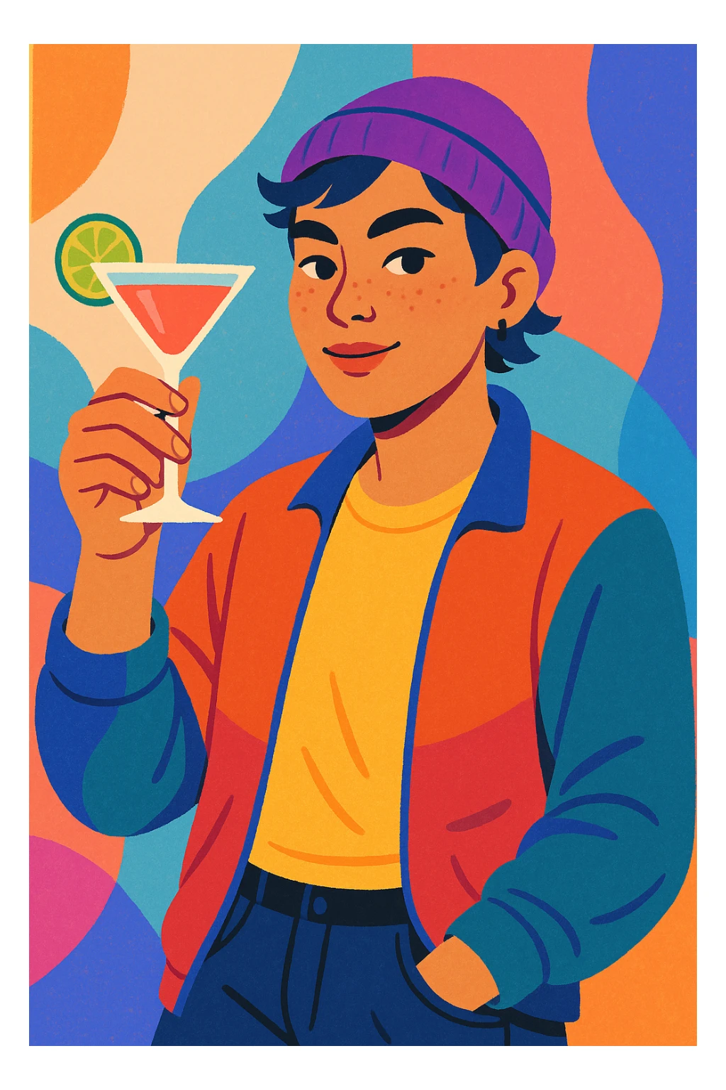 A non-binary person wearing a beanie holding a cocktail glass sticker