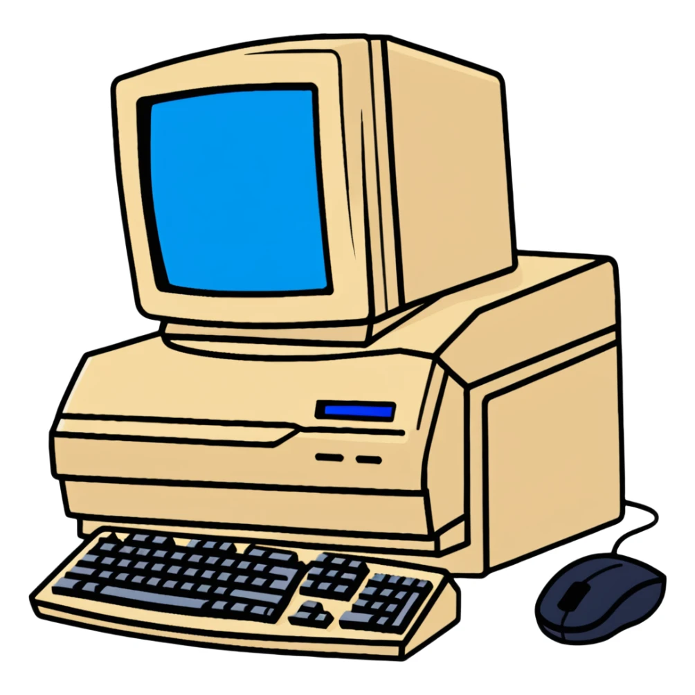 Early 2000s desktop computer, beige plastic casing, CRT monitor with blue screen, tower CPU with CD drive, separate wired keyboard and mouse, simple tech setup sticker