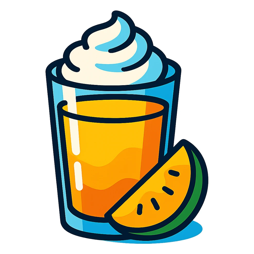 a transparent glass with mango juice gradient from dark to light and whipped cream, vibrant cartoon style sticker
