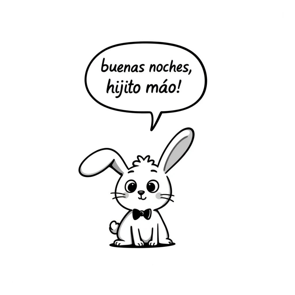 A cute rabbit saying "buenas noches, hijito mío!" in a speech bubble. The rabbit looks loving and gentle, like a parent saying goodnight to a child. sticker
