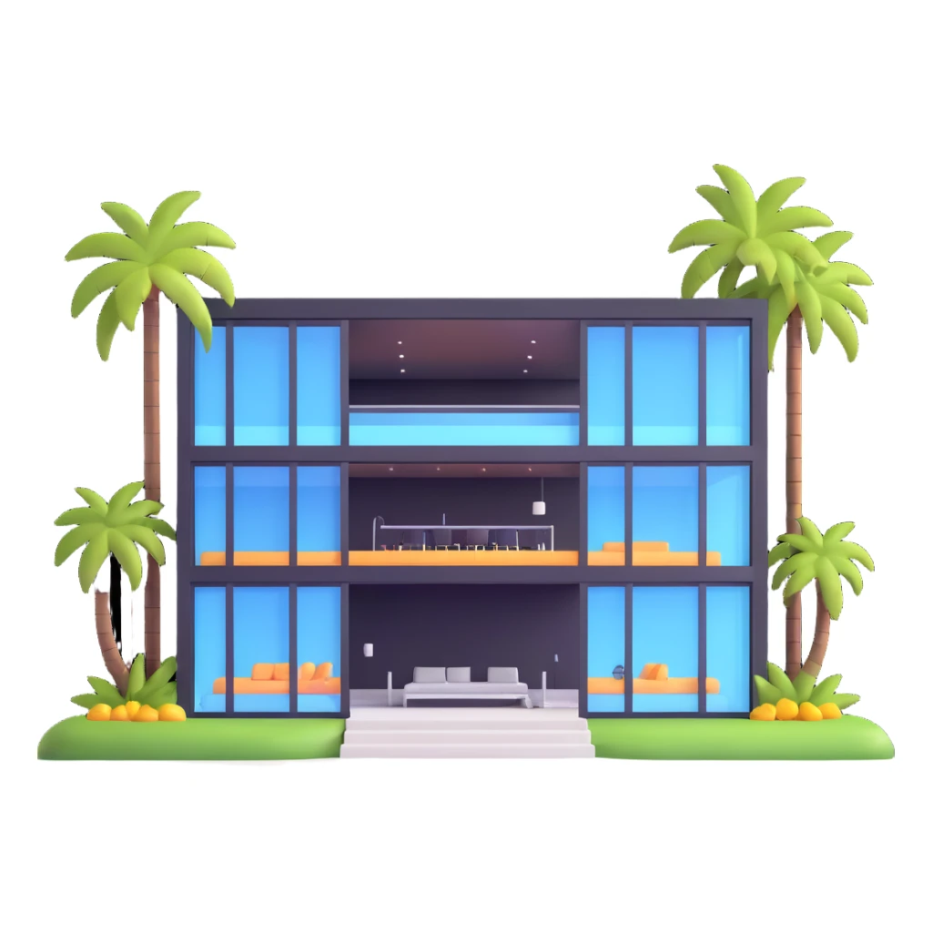 modern luxury mansion with an indoor pool visible through glass walls, palm trees sticker