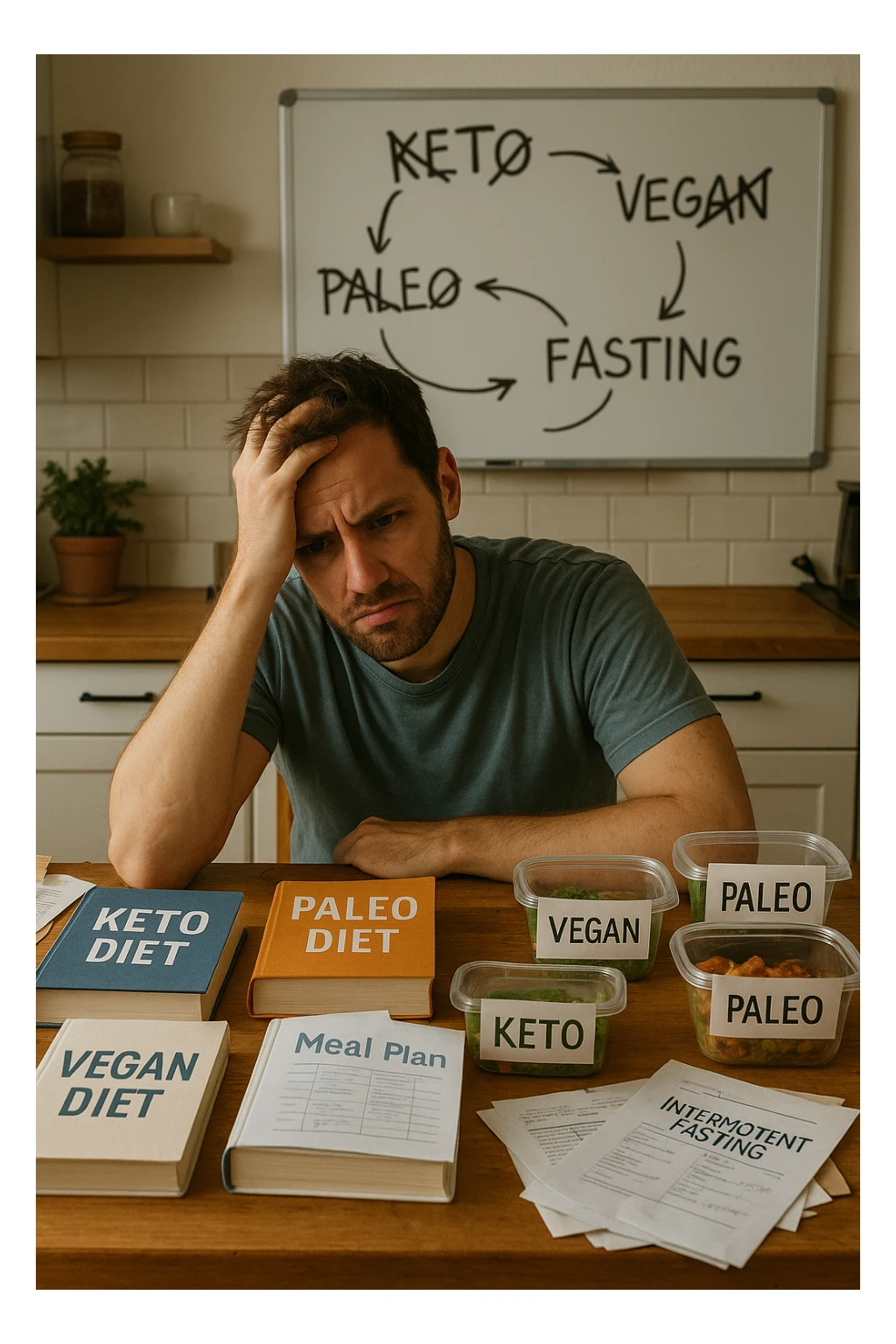 Confused man in his 30s sitting at a kitchen table cluttered with various diet books, meal plans, and food containers labeled keto, vegan, paleo, intermittent fasting. He holds his head with one hand, looking overwhelmed and frustrated. The background shows a whiteboard full of crossed-out diet names and arrows going in circles. Expression: mental fatigue, indecision, information overload. Soft lighting, slight mess to emphasize his struggle. sticker