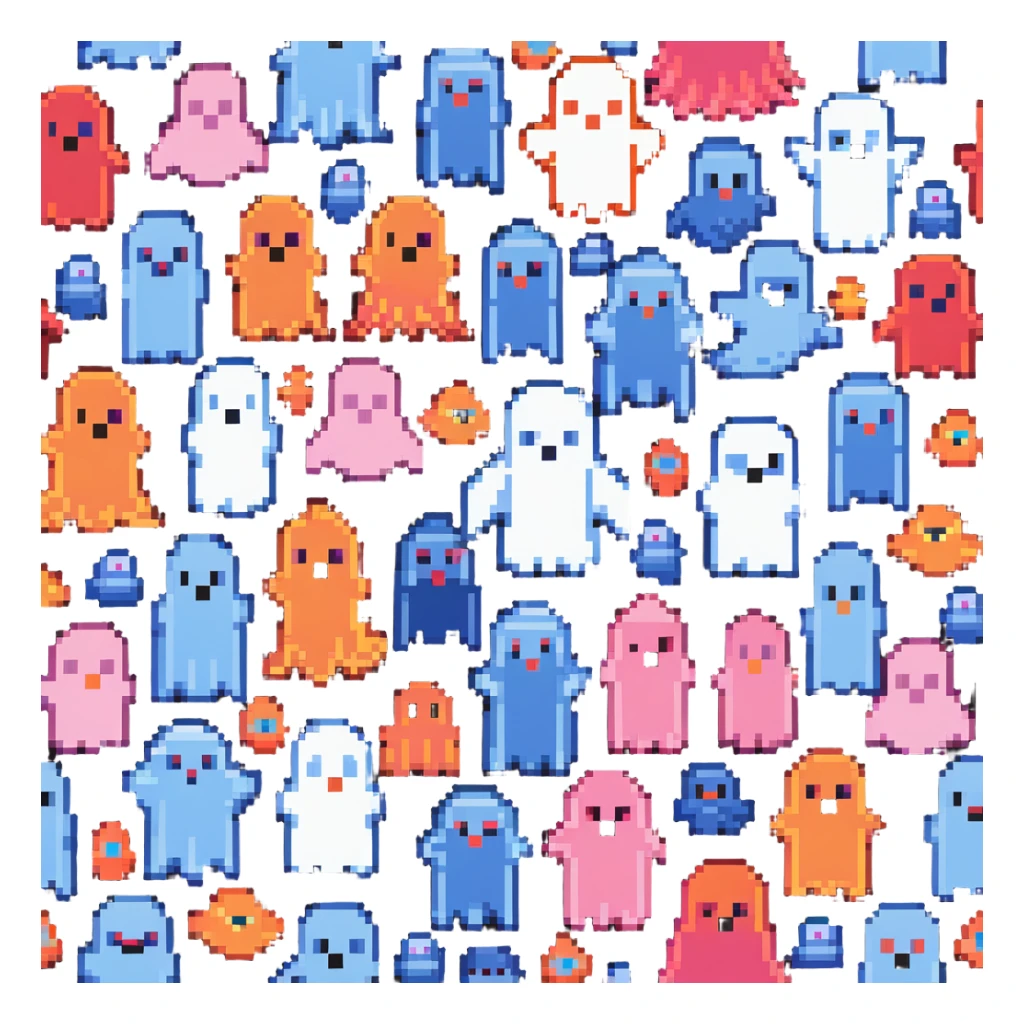 The four classic Pacman ghosts (red, pink, blue, and orange) in 8-bit pixel art style sticker