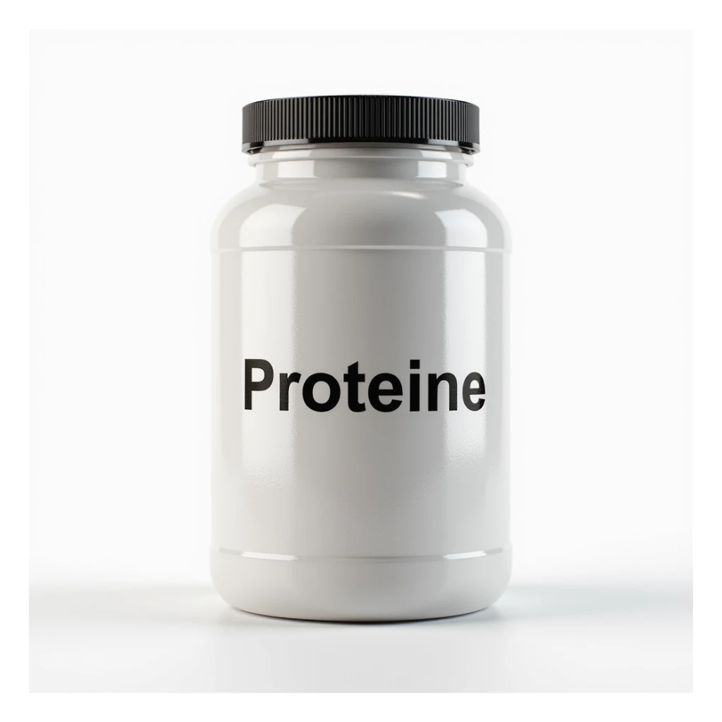 hyperrealistic jar of supplement with a clearly visible label reading 'Proteine', isolated white background, 4K details, neutral lighting sticker