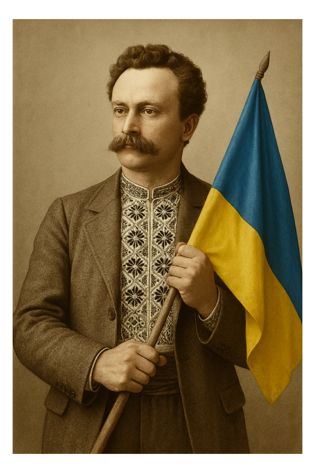 a man holds the Ukrainian flag in his hands sticker
