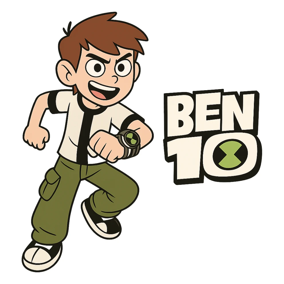 Ben 10 logo, classic look with black and white elements, green accents, dynamic sticker