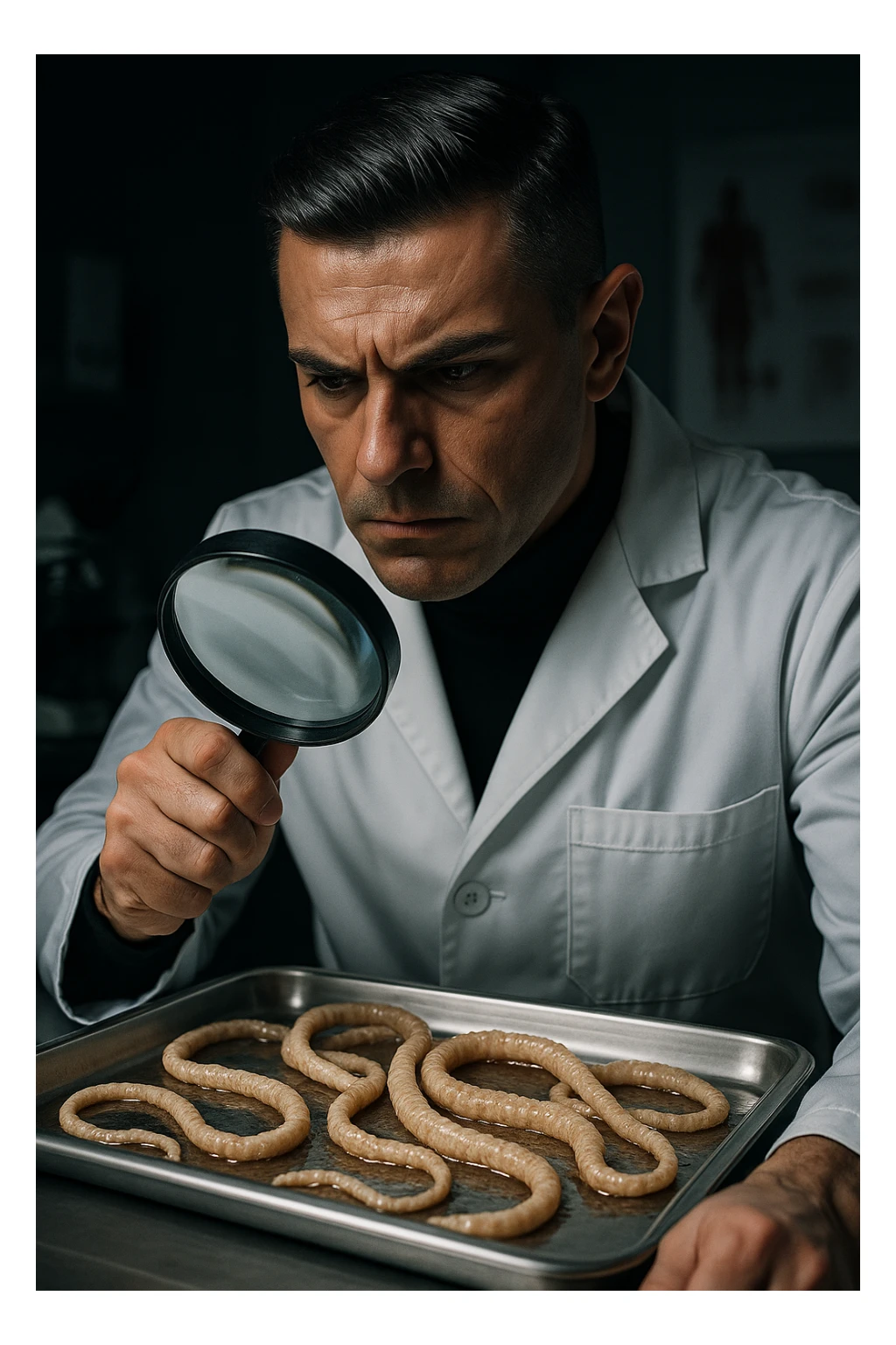 A middle-aged male kinesiologist wearing a pristine white lab coat, intensely analyzing long, beige tapeworms (like Taenia) under a magnifying glass. His expression is focused and slightly concerned, with dramatic studio lighting casting sharp shadows. The parasites are highly detailed, moist, and textured, stretched across a sterile metal tray. The background is blurred but suggests a clinical environment—hints of a microscope, medical charts, and clean lab equipment. The style is hyper-realistic, with a cinematic contrast between the bright white coat and the grotesque, organic forms of the parasites. No sci-fi elements, just raw medical realism with a disturbing edge sticker