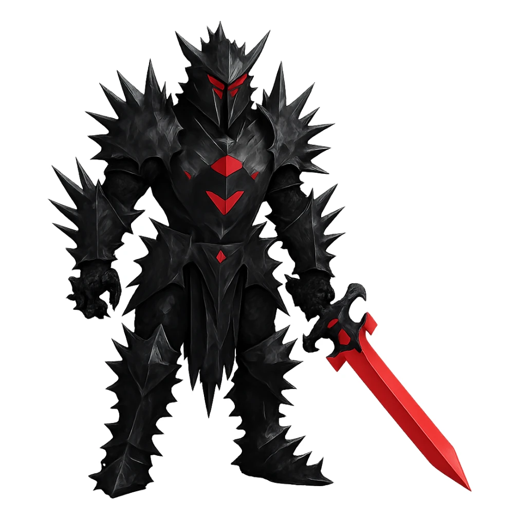 Make the knight's black armour spikey, keep glowing red eyes, imposing stance, no background. sticker