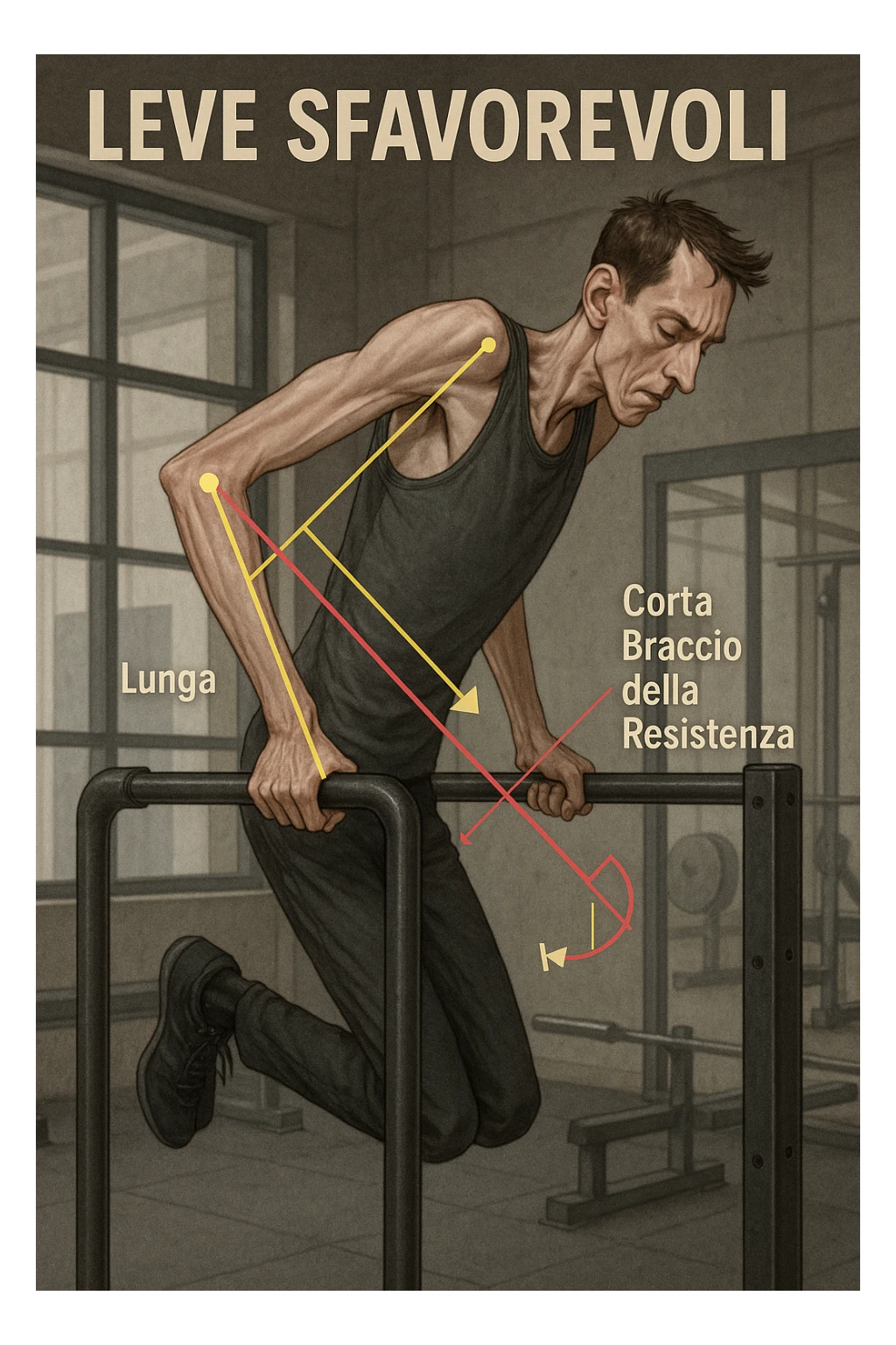 a tall, lean man with very long arms and a short torso attempts a dip on parallel bars. His elbows are deeply bent and his body appears awkwardly positioned, highlighting the mechanical disadvantage. An overlay shows anatomical lines and angles, with labels explaining “Leve Sfavorevoli” The background is a modern gym, with a focus on biomechanics. in italiano sticker