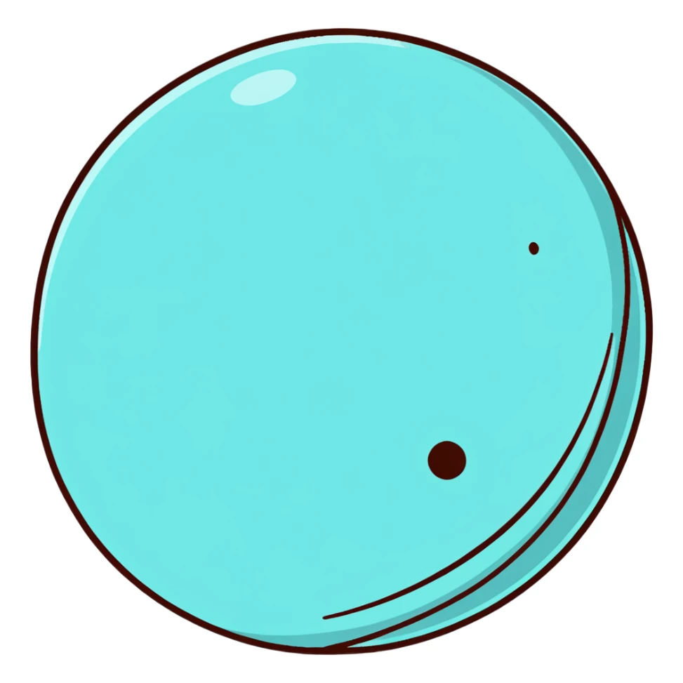 Uranus planet with pale cyan surface, tilted rings, and a friendly face sticker