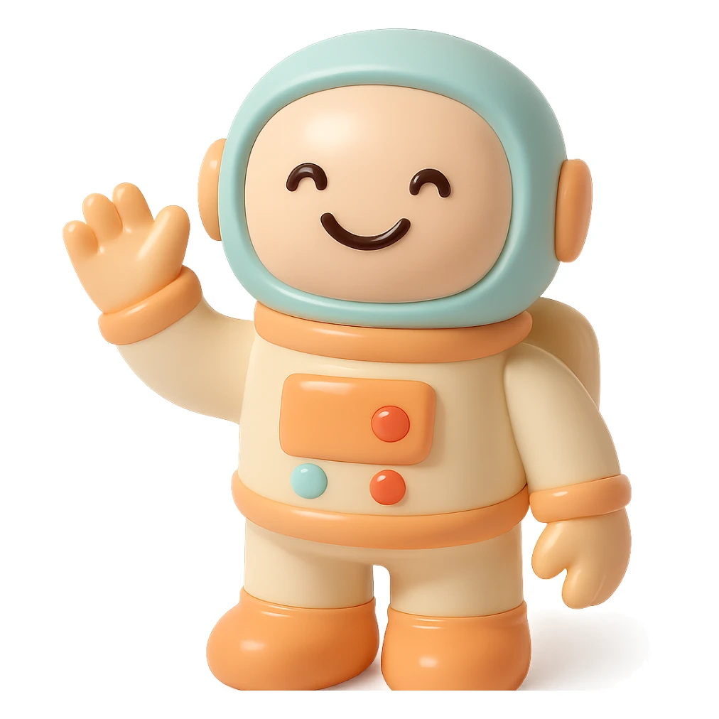 smiling astronaut in spacesuit, waving hand, vinyl figure style sticker