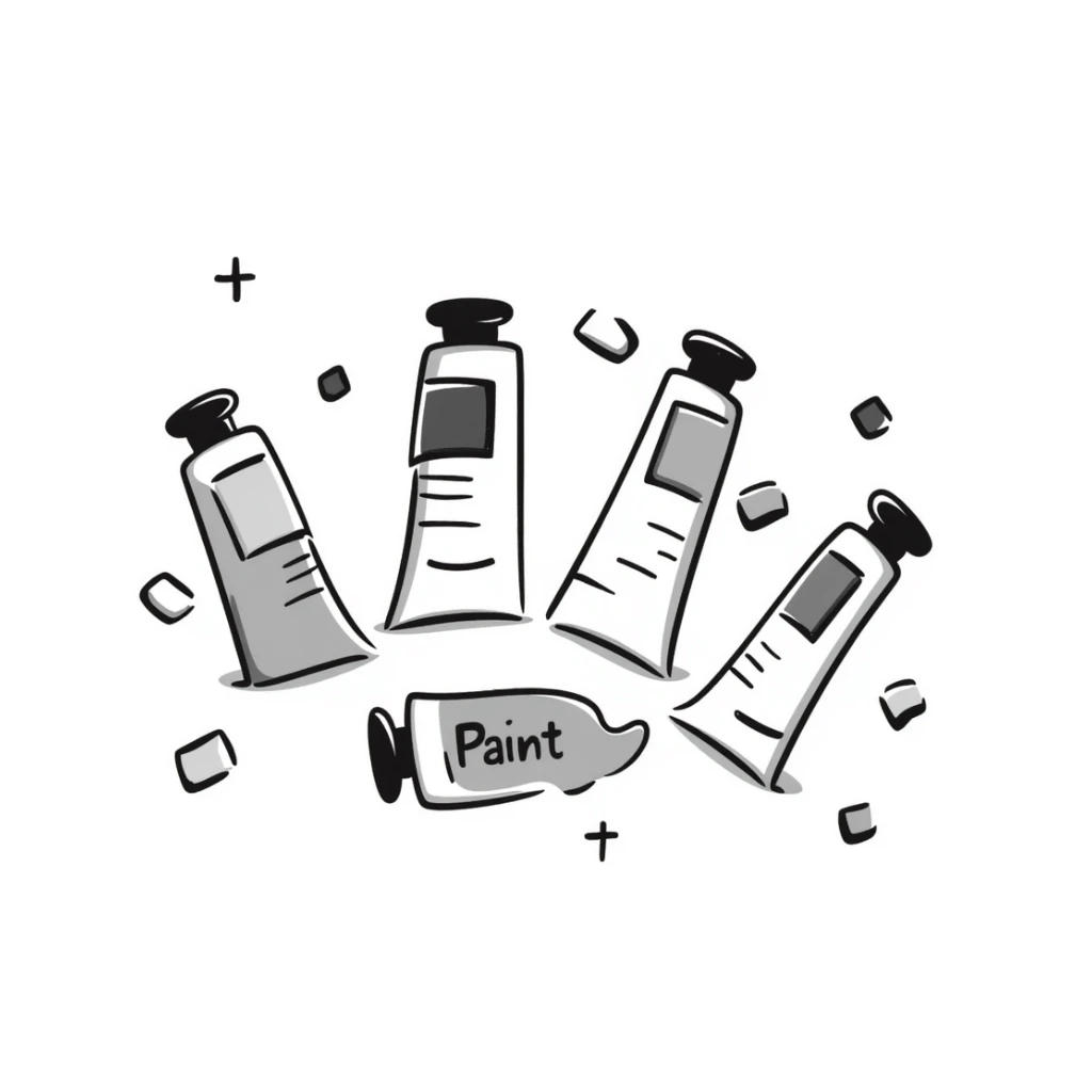 Art paint tubes with different colors squeezed out in pastel colors (dd9fb0, ffc6d3, a3bfc9, c4bee2, f1b091), hand-drawn doodle style sticker