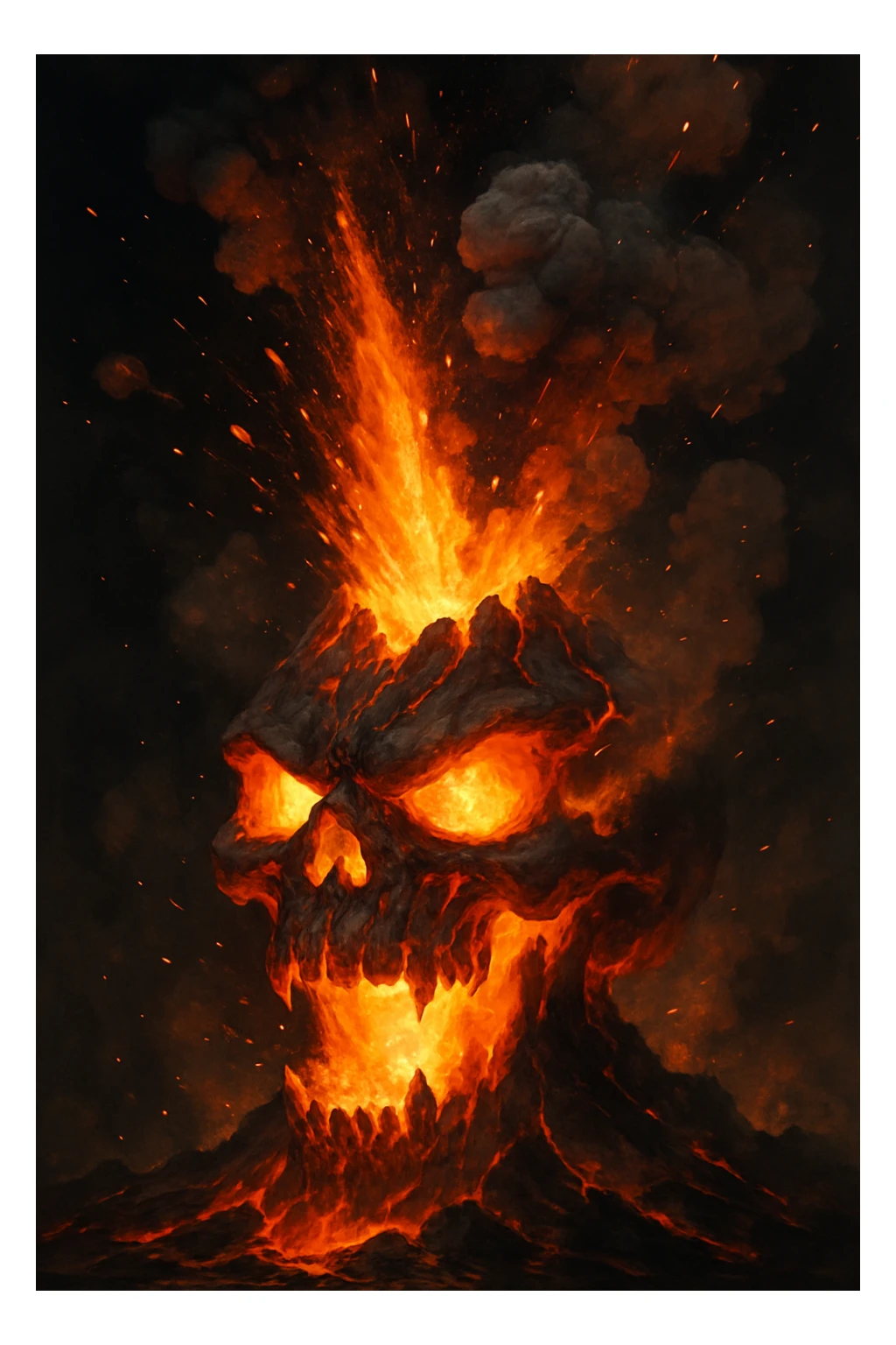 skull head as a volcano, magma and ash shooting upwards, energetic and fierce, explosive volcanic activity, fiery magma blast sticker