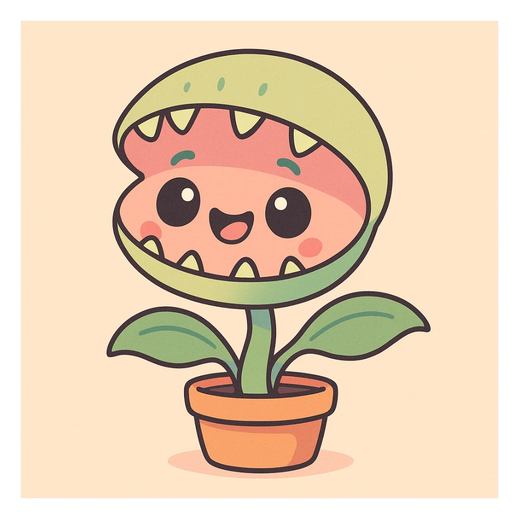 cute kawaii venus flytrap, big eyes, smiling, pastel colors, chibi style sticker
