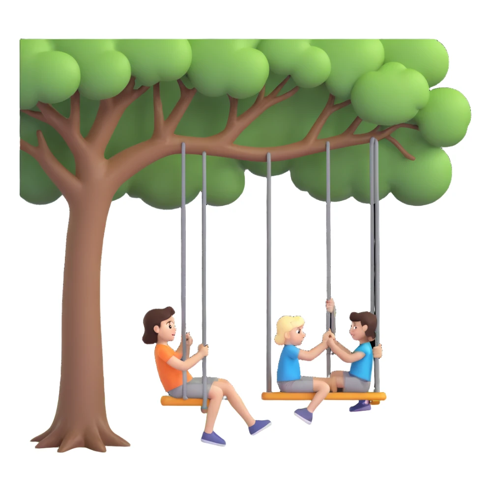 A person pushing a swing with a child sitting on it, outdoors, under a tree, in daylight. The swing is moving back and forth. Focus on the motion of swinging and the person gently pushing it sticker