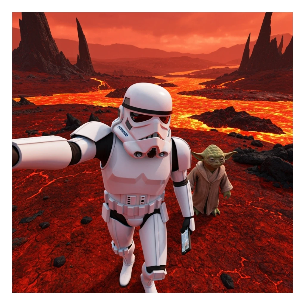 Camera POV, Starwars stormtroopers vlogging selfie, he is walking on lava planet with yoda sticker