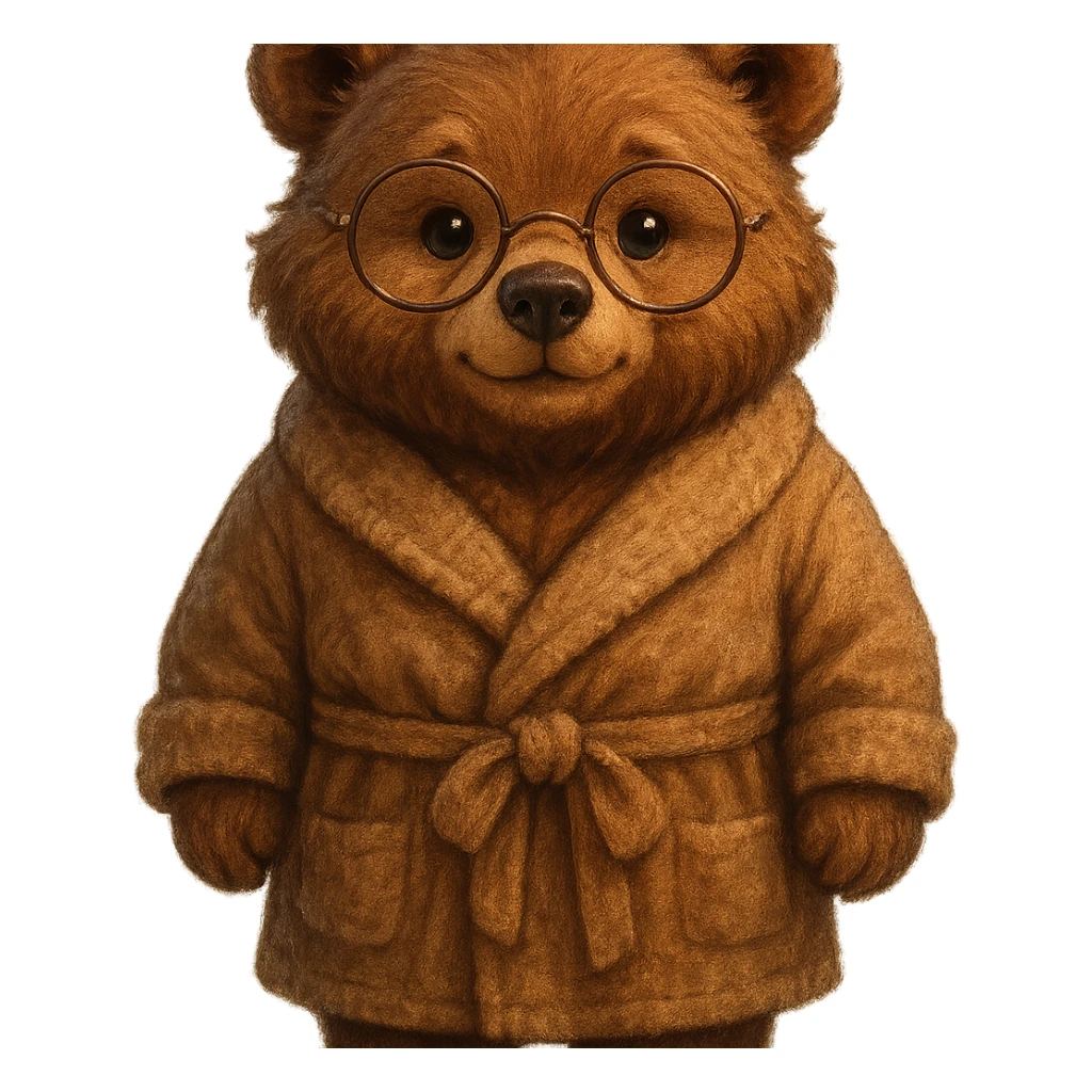 A cute anthropomorphic bear wearing round glasses and a cozy bathrobe, full front view, detailed, semi-realistic style, warm atmosphere. sticker