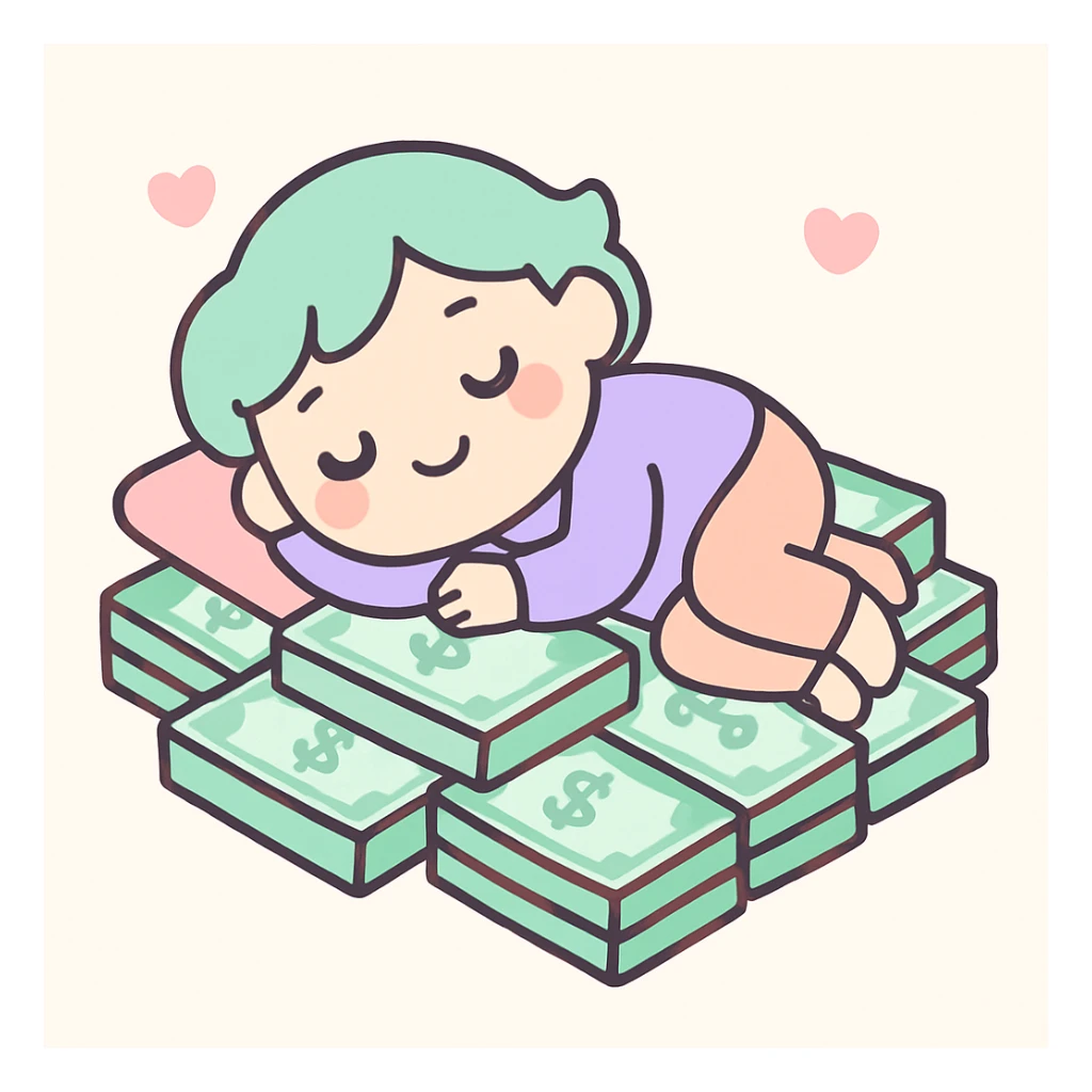 happy person napping on mattress of money sticker