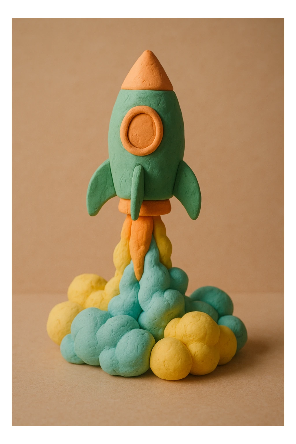 rocket ship blasting off with colorful smoke, matte finish, pastel colors, visible fingerprints, claymation style, green and orange rocket, pastel blue and yellow smoke sticker