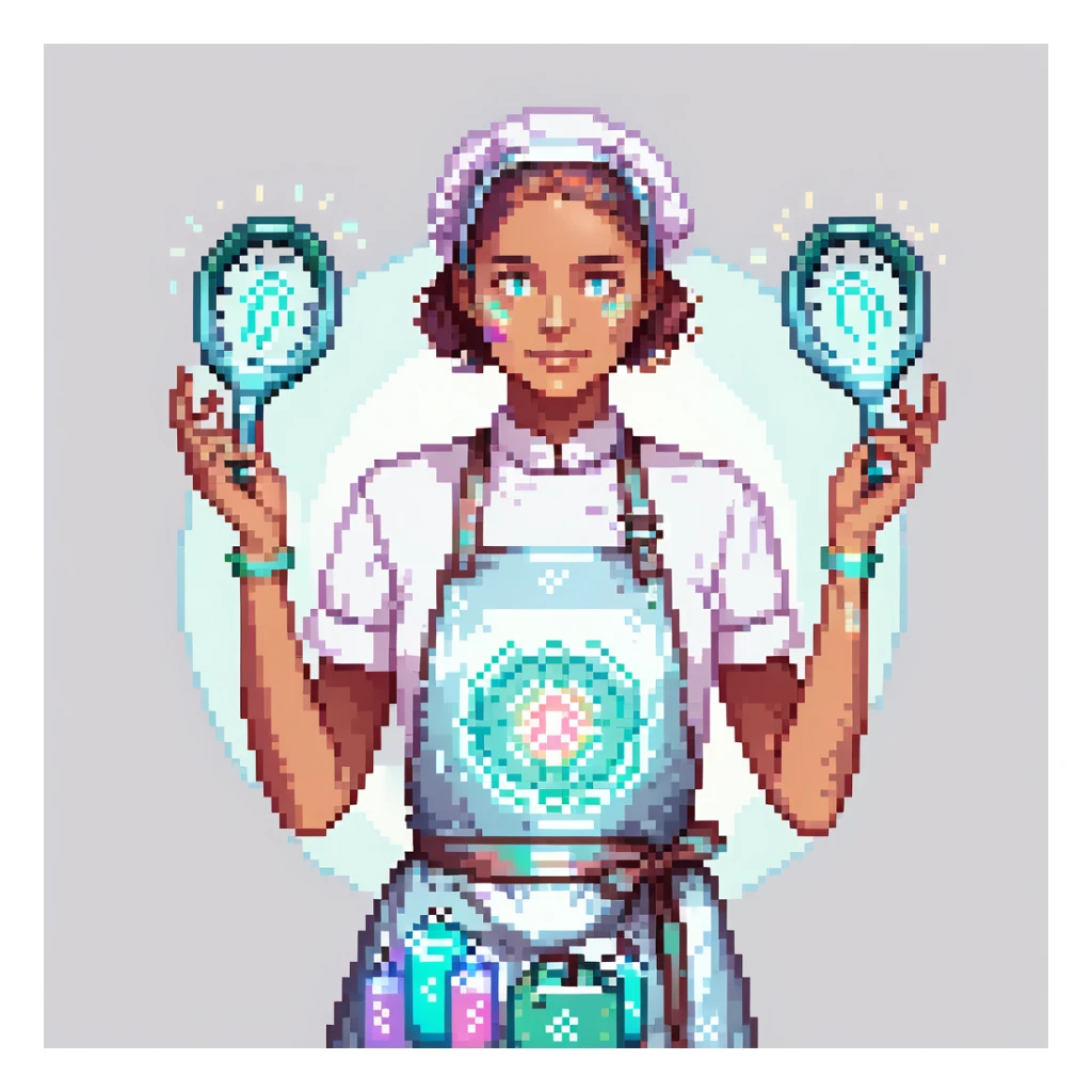 Portrait of a futuristic baker in skeuomorphism style, same pose and lighting as previous levels, wearing a translucent apron with holographic patterns, glowing hologram interface floating around hands, holding a digital whisk made of light beams, subtle neon reflections on face and clothes sticker