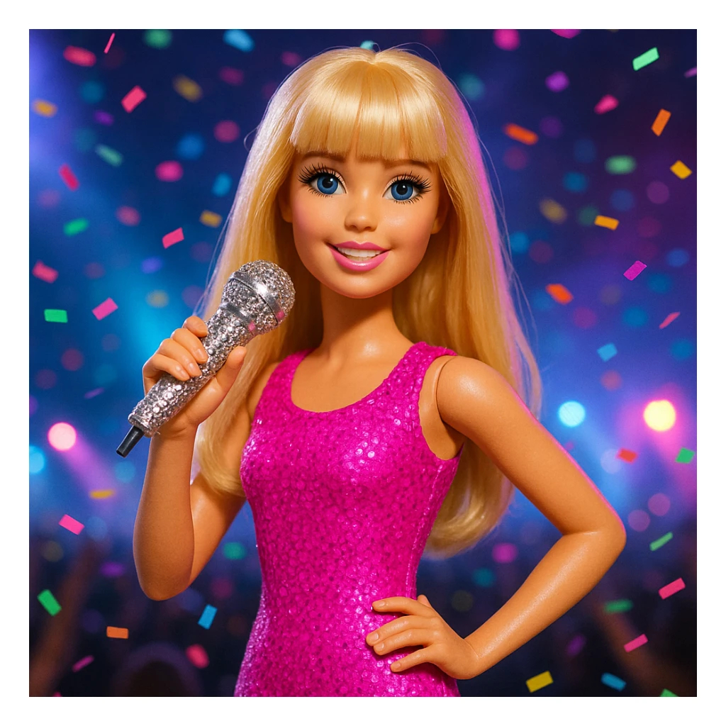 Pretty and girly Blonde pop star with bangs, holding a bedazzled microphone, reimagined as a Barbie doll, with a nighttime concert backdrop with colorful confetti sticker