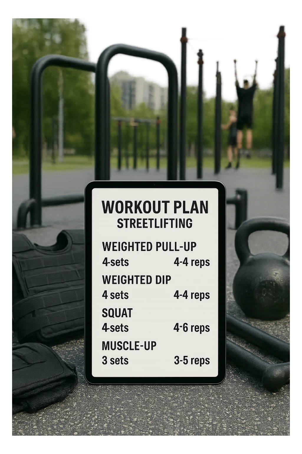 a detailed workout plan for streetlifting displayed on a clipboard or digital tablet, surrounded by gym equipment like weighted vests, dip bars, pull-up bars, and kettlebells. The plan includes exercises such as weighted pull-ups, weighted dips, squats, and muscle-ups, with sets and reps clearly visible. The background is a modern outdoor calisthenics park, with athletes training in the distance. sticker