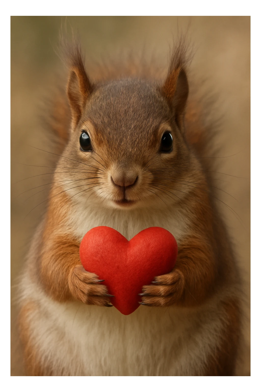 a realistic squirrel holding a heart, detailed fur texture sticker