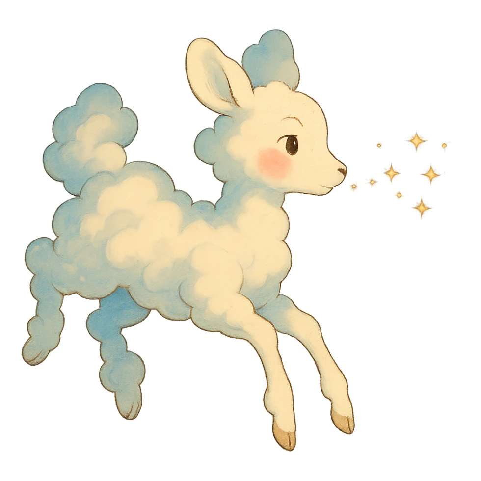 vanilla cloud doe with rosy cheeks, floating and blowing sparkles, ghibli style sticker