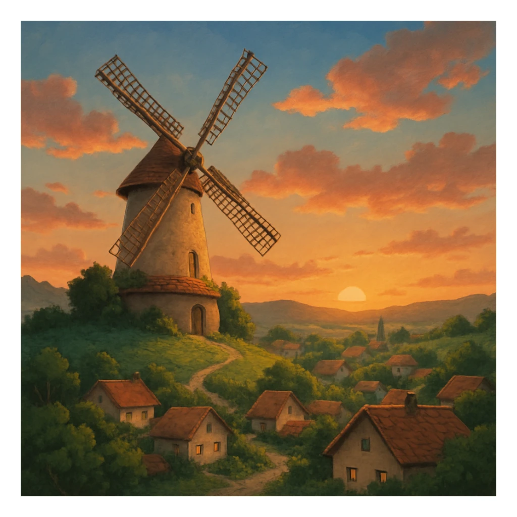 Windmill turning slowly in a quiet hill village at sunset. sticker