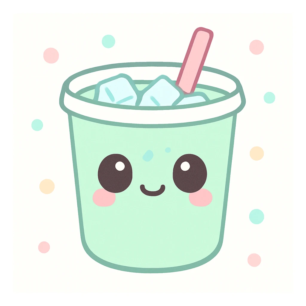cute kawaii style iced matcha latte with a smiling face, straw, and ice cubes, pastel colors sticker