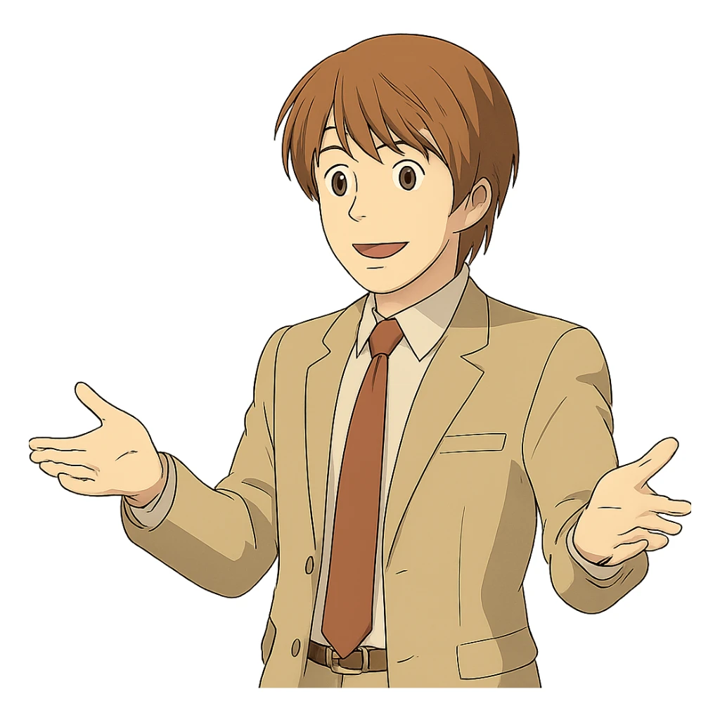 Create an exact Light Yagami in Ghibli style, standing with both hands open in a welcoming gesture, wearing the same suit, with the same confident expression, transparent background. sticker