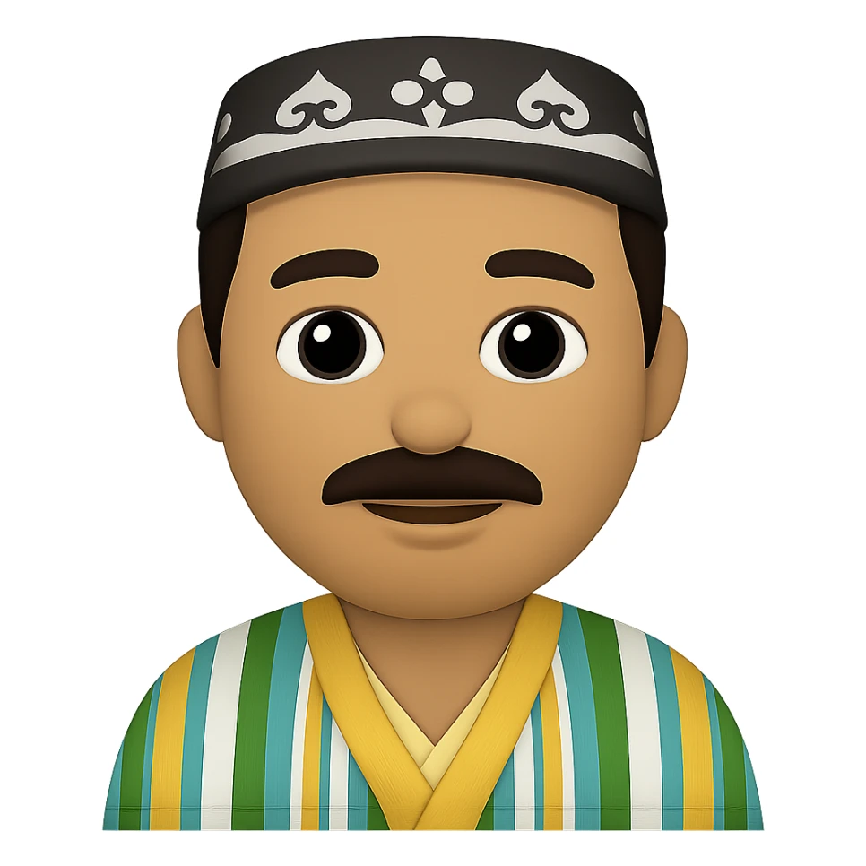 Сгенерируй мне в стиле ЭПЛ ЭМОДЗИ Узбека, на пнг фоне. У него будет тюбитейка и халат. На пнг фоне (без фона) sticker