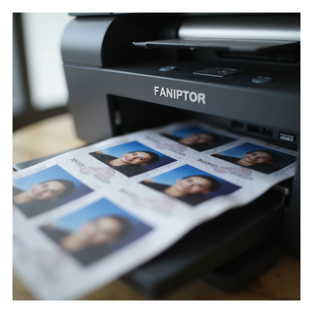 realistic thumbnail image for a passport photo printing service, showing a modern printer outputting a sheet of passport photos, with the focus on the printer and photos only sticker