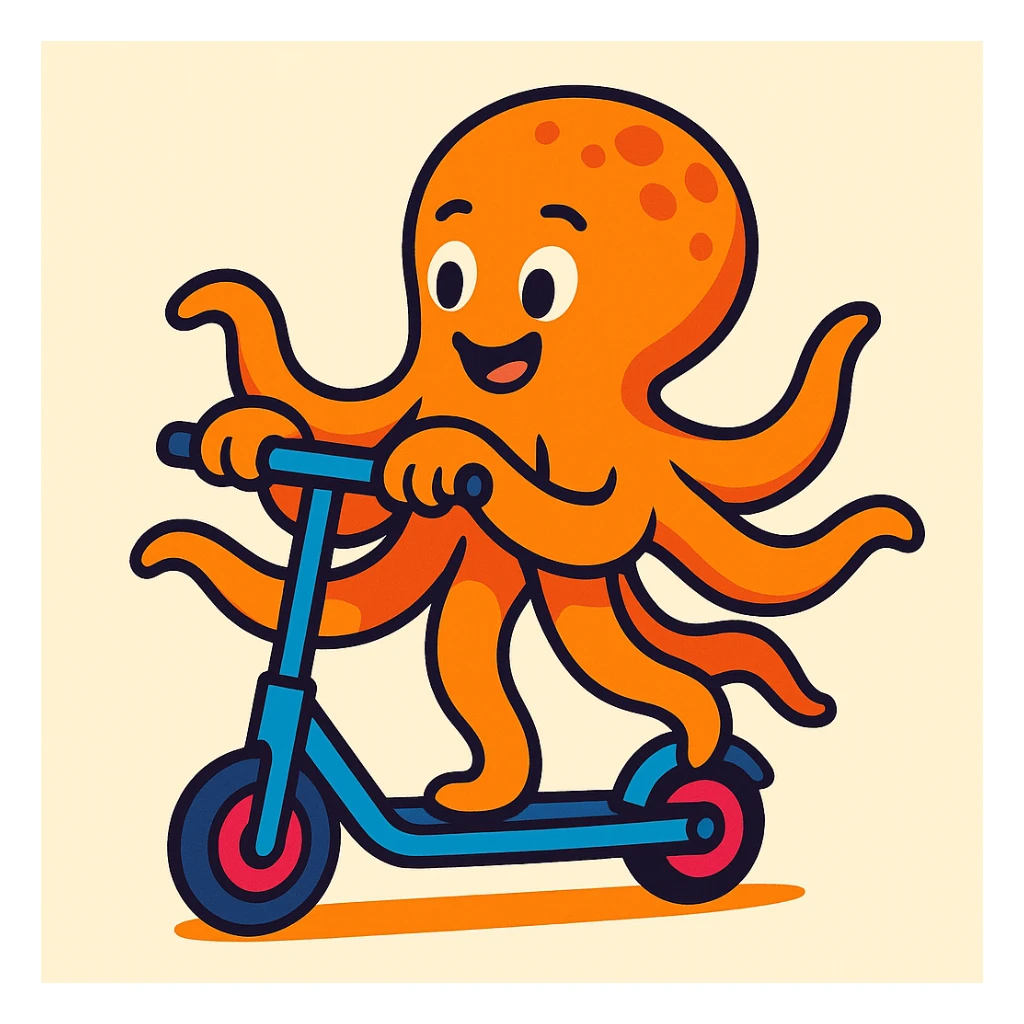 octopus riding a scooter, vibrant and playful style sticker