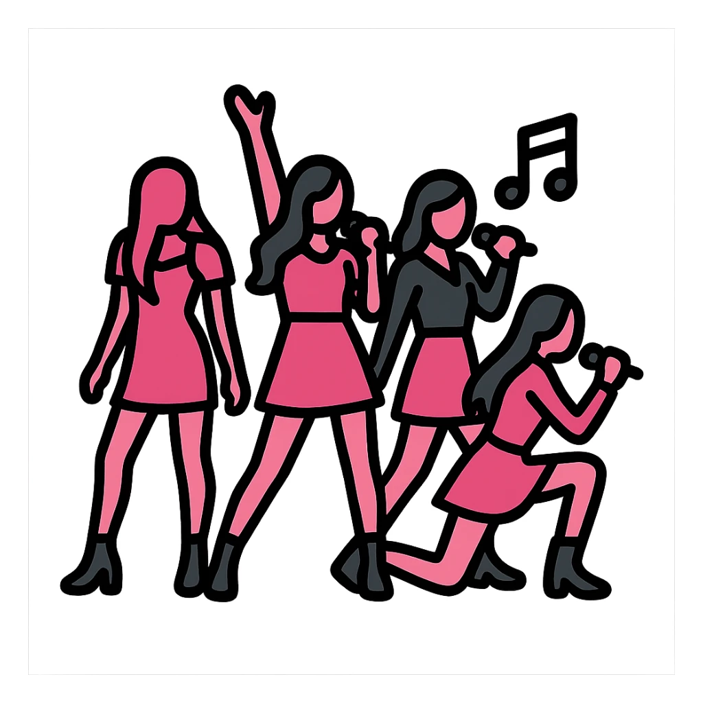 Blackpink group silhouette, dynamic pose, pink and black, music theme sticker