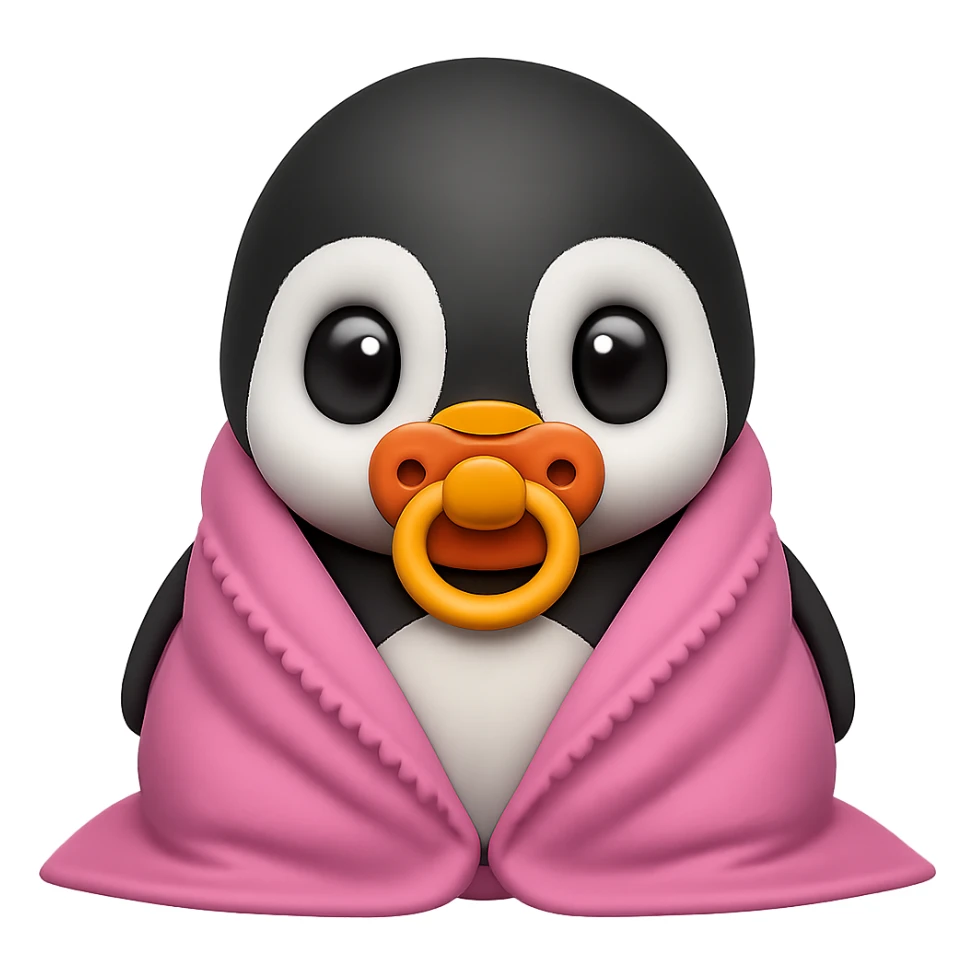 Add a pacifier to the baby penguin covered with a pink blanket, keeping the emoji style look. The background should be removed, focusing on the baby penguin with the pacifier and pink blanket in an emoji style. sticker
