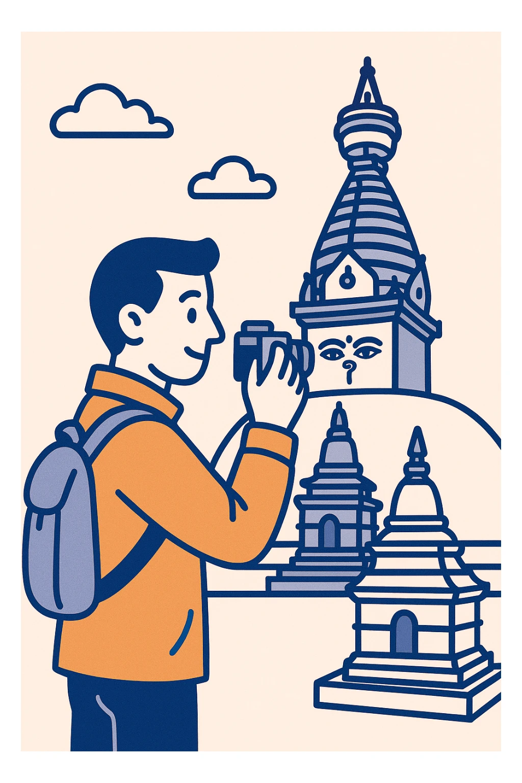 minimalist design of a man in an orange jacket with a backpack, taking a photo at Swayambhunath Monkey Temple in Kathmandu, city tour, cultural site sticker
