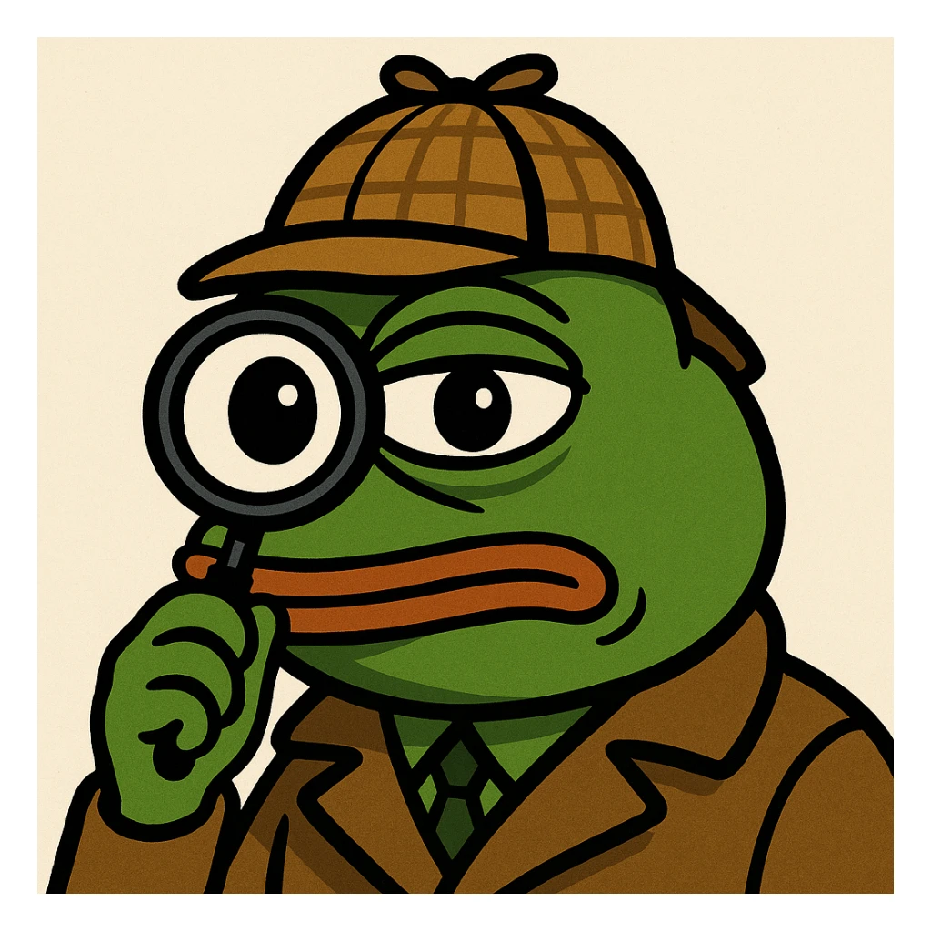 Pepe the Frog as a detective with a magnifying glass, meme style sticker