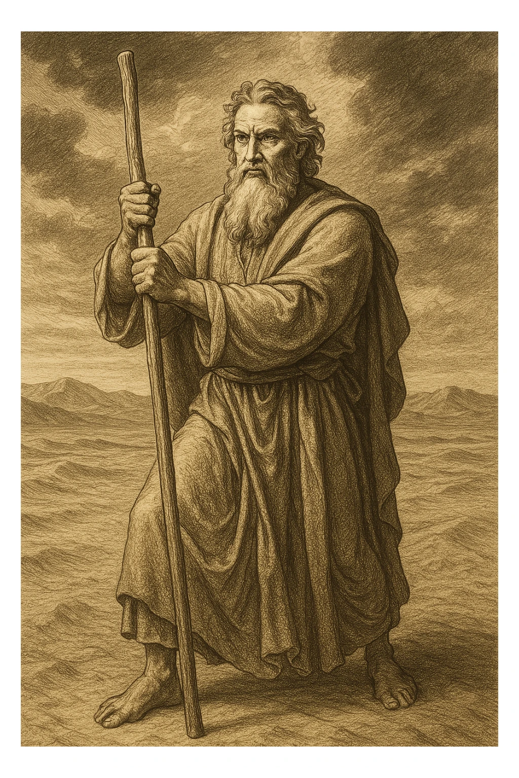 Moses standing firmly, gripping his rod, determined expression, sand and sky, historical illustration sticker